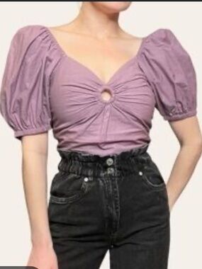 Sim & Sam Purple Puff Sleeve Crop Top Blouse 100% Cotton Girly Boho Size Small